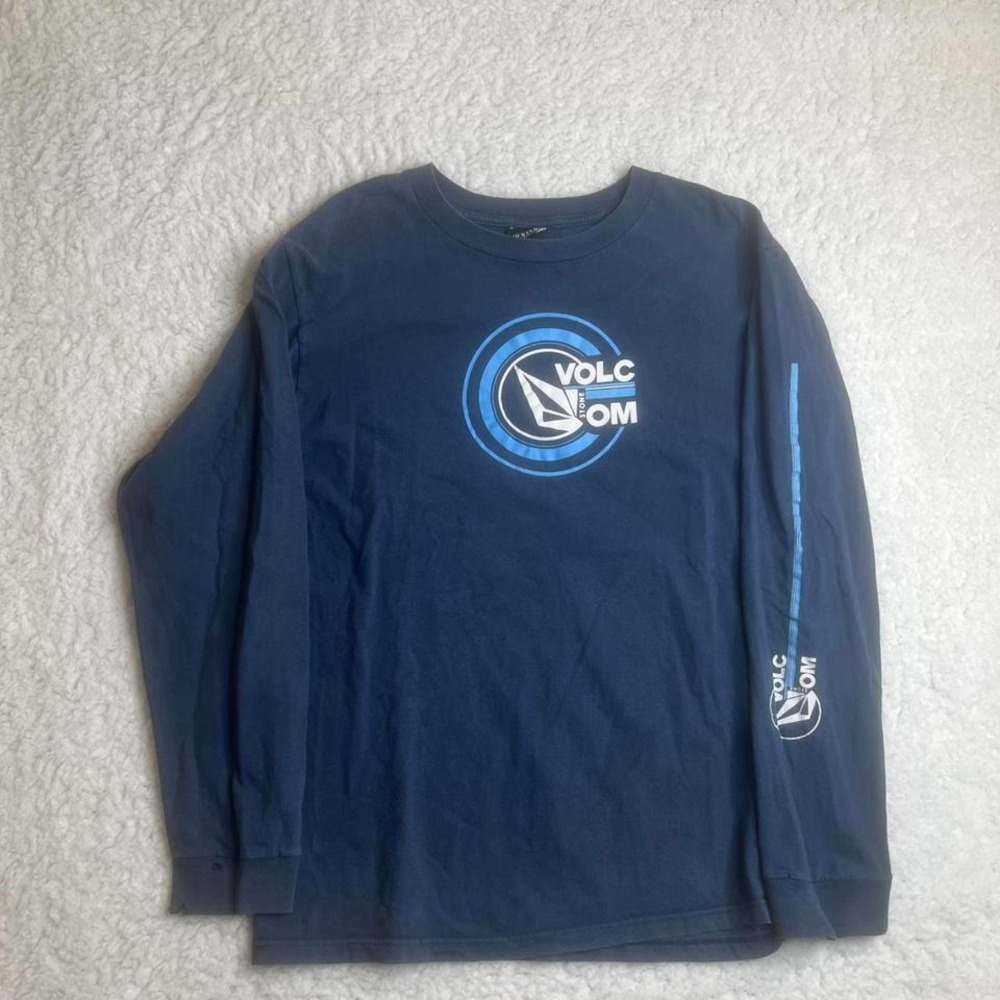 Y2K volcom blue men's long sleeve shirt‎ skater sleeve hit faded surfer